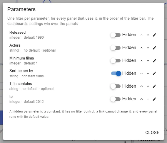The Parameters dialog, listing each filter with its type and default, with Sort actors by hidden as a constant