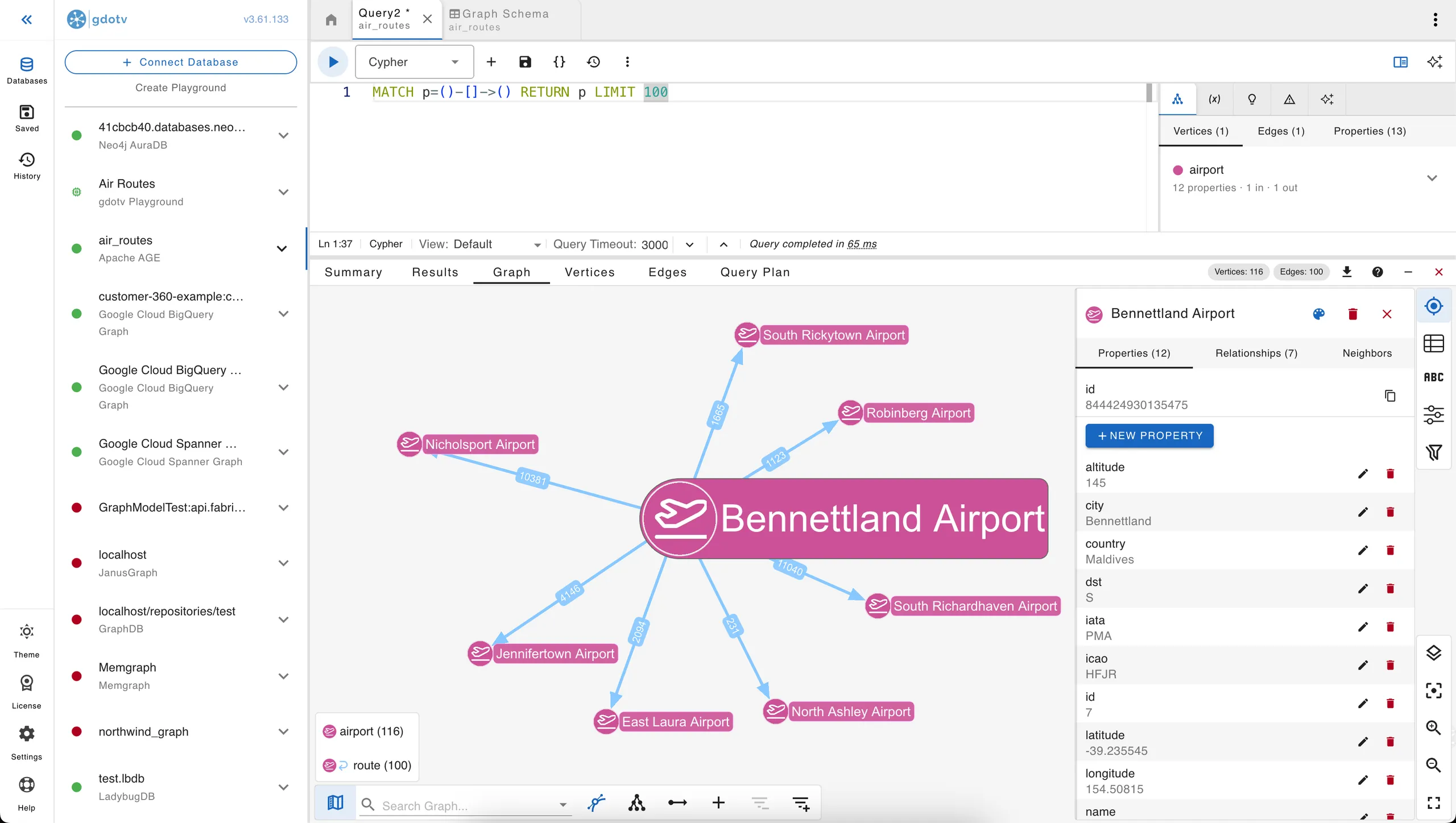 Visualization tab showing one central airport vertex connected by directional route edges to up to 25 destination airports