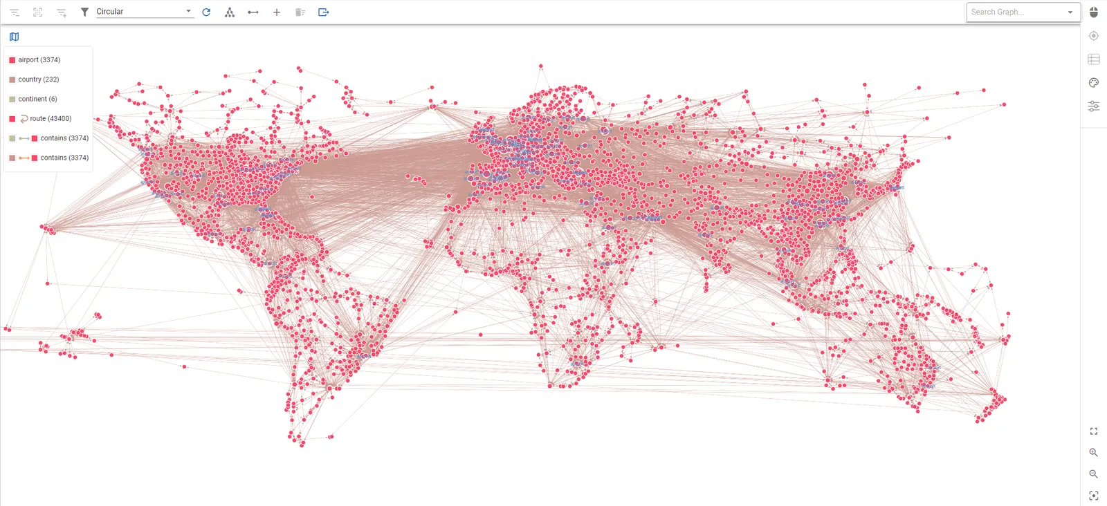 A graph view laid out as a world map on gdotv