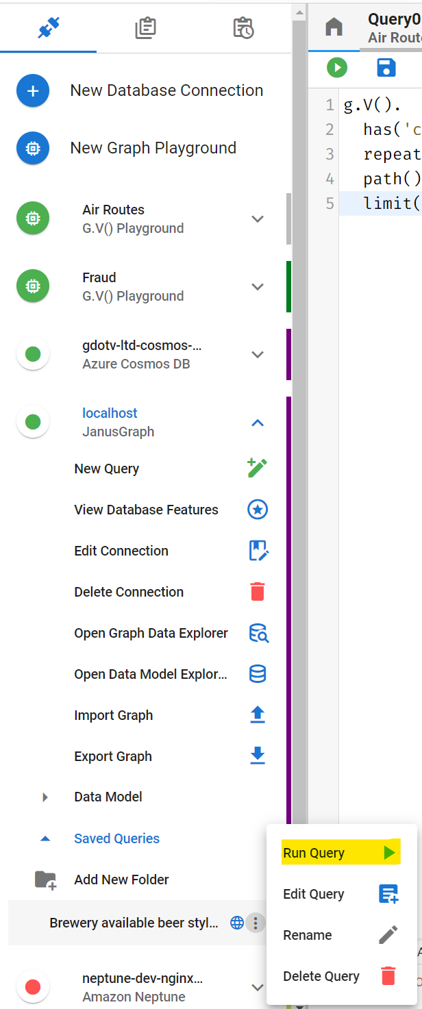 Run Query Connections Sidebar