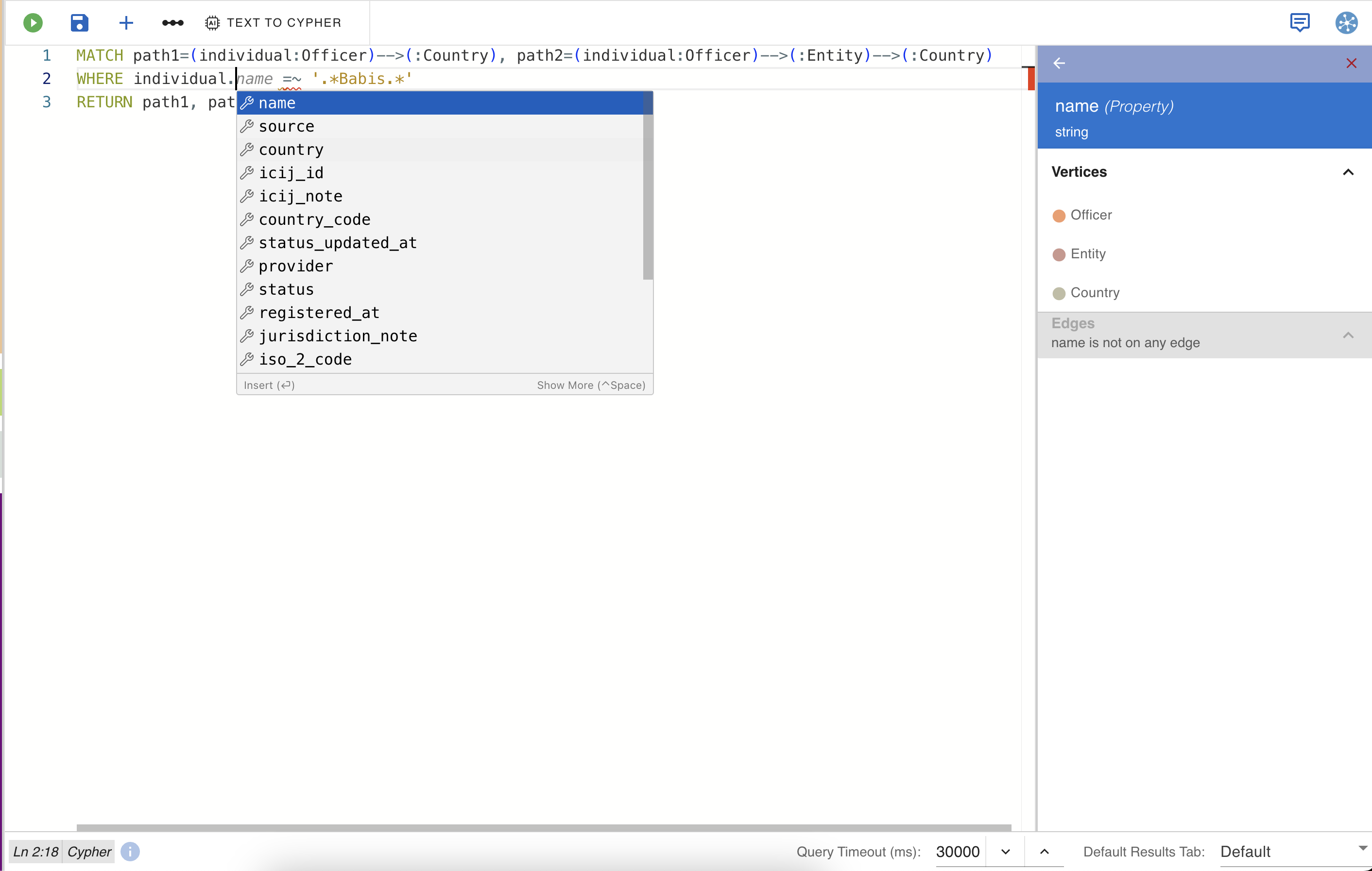 A cypher query code completion accurate to the graph schema of the database