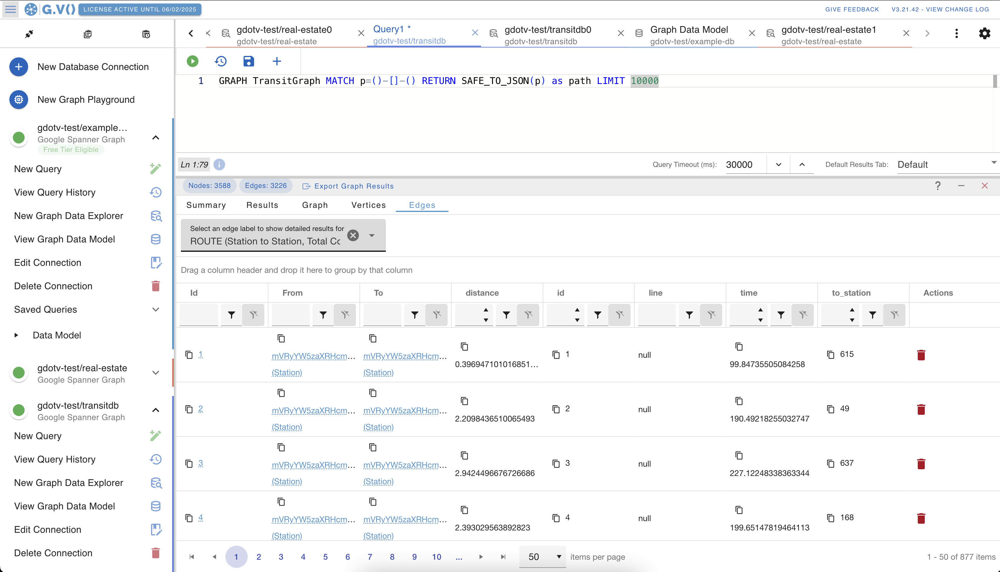 Edges table view of Google Spanner graph data