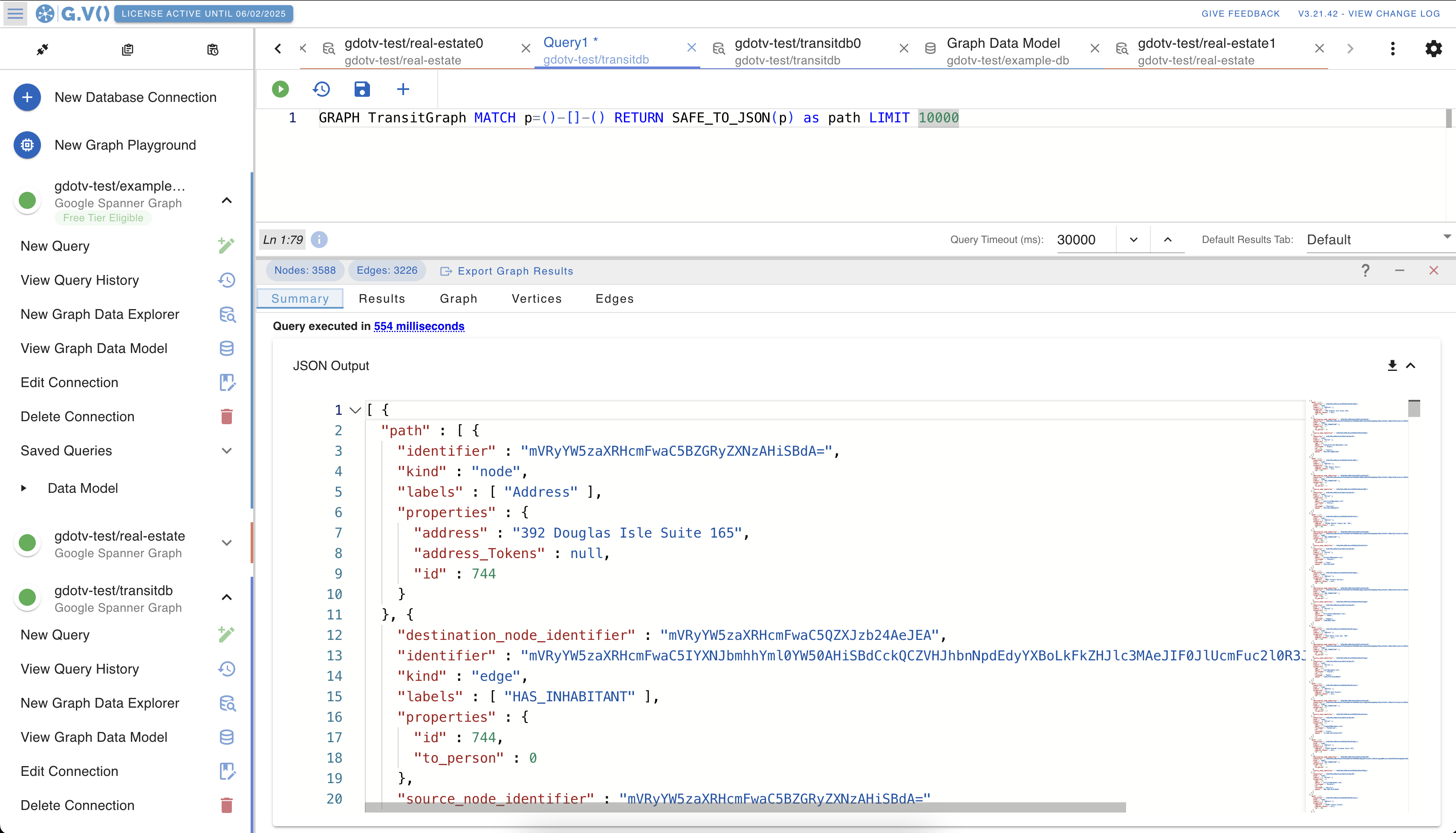 JSON output summary of a Spanner Graph query