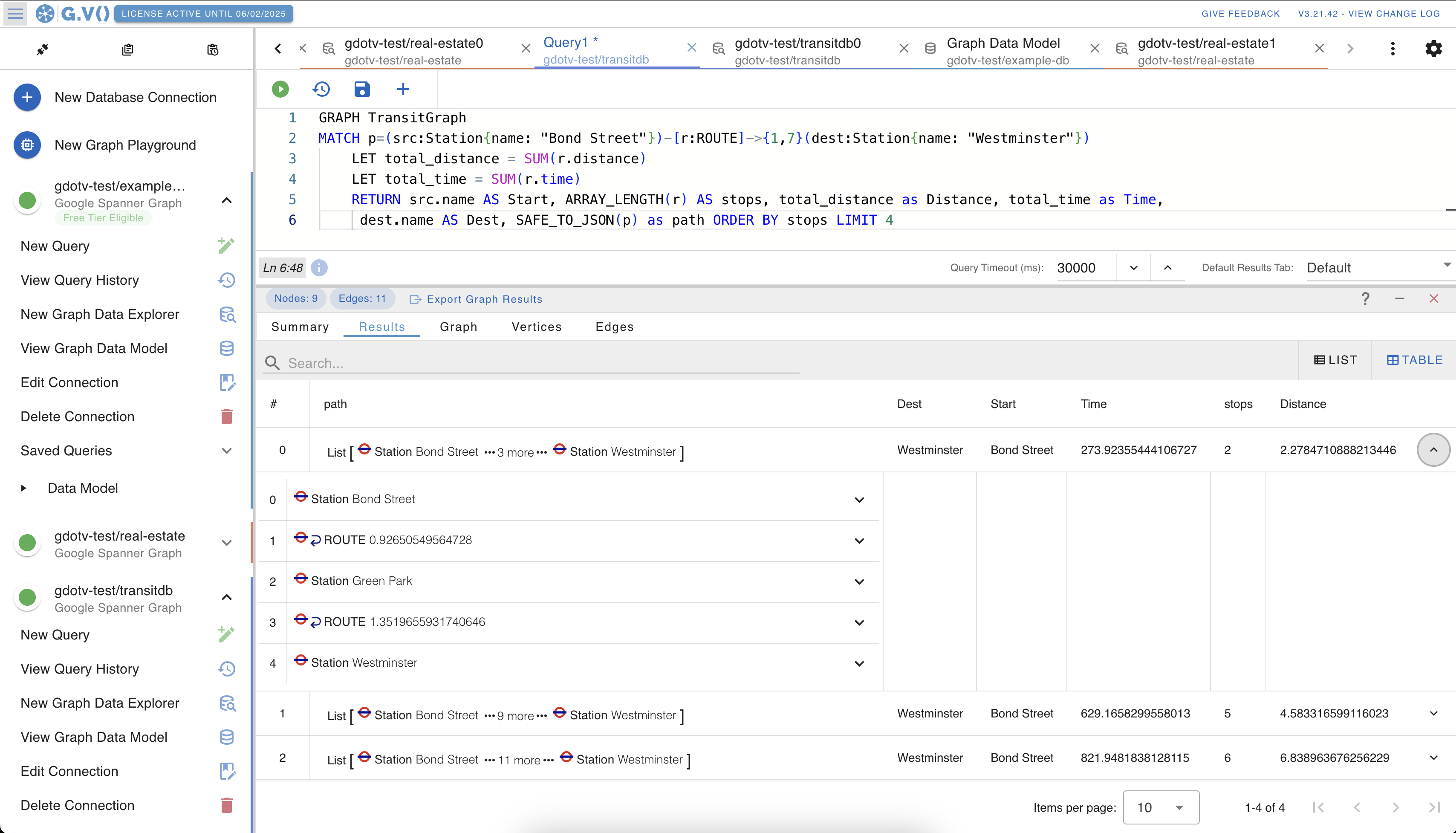 Object browser view of Google Spanner Graph data