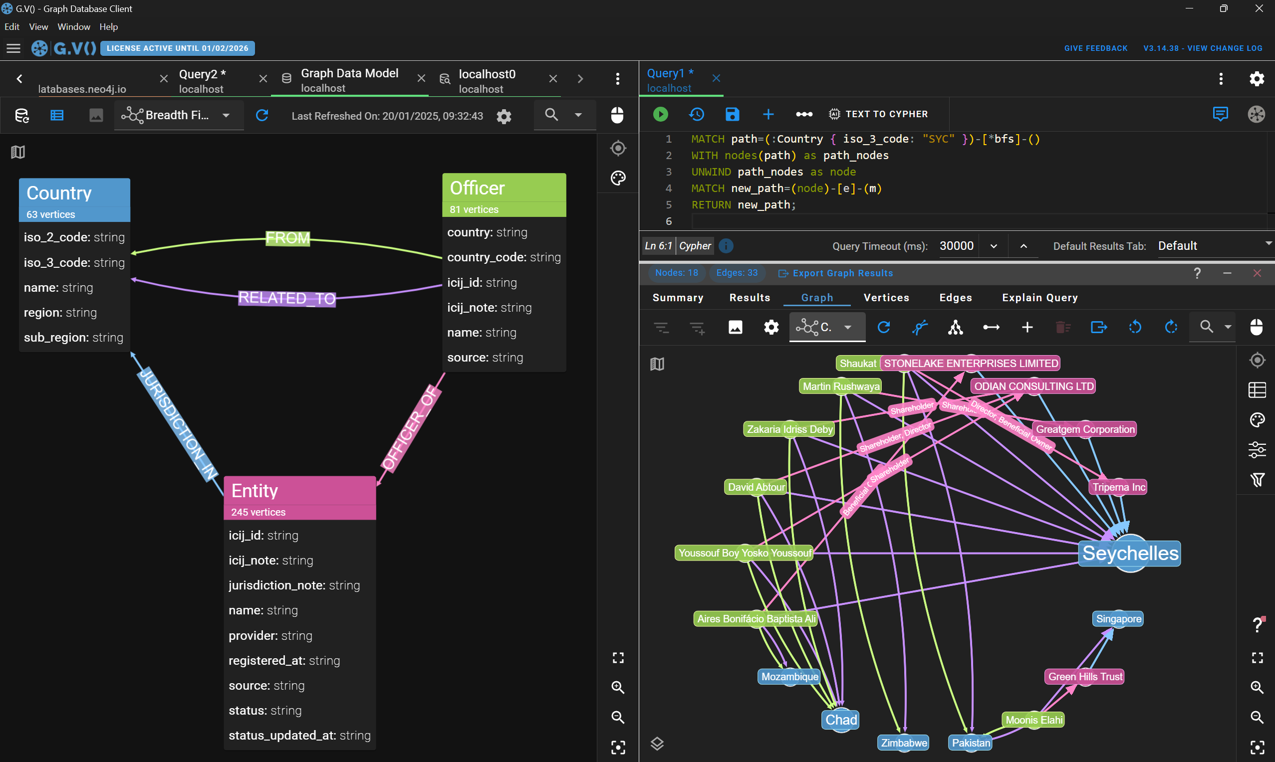 a side-by-side tab view on G.V() of a query output and a graph data schema