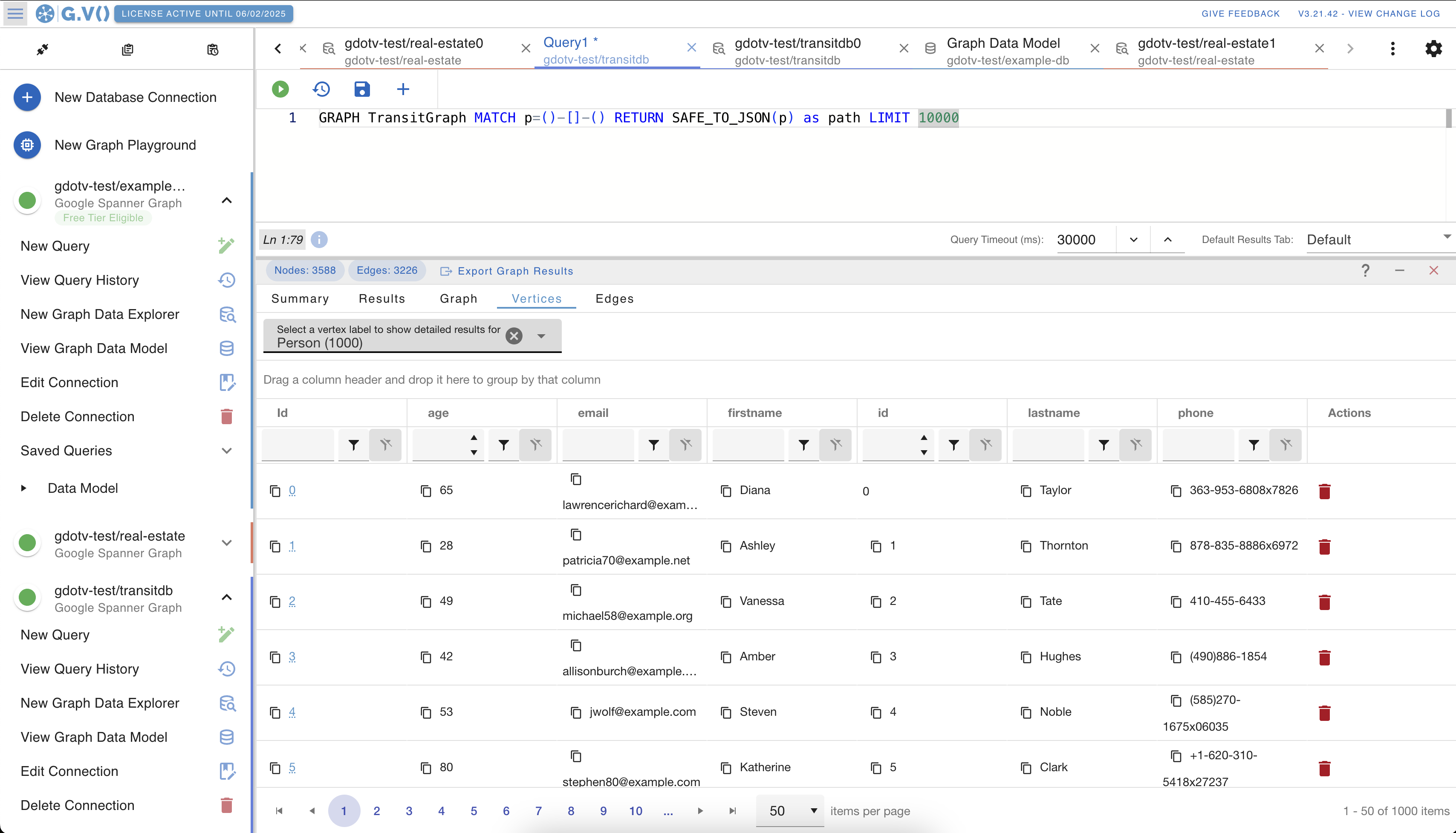 Vertices table view of Google Spanner graph data