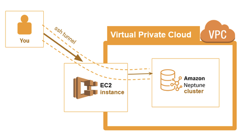 An EC2 instance also exists in the VPC, but unlike the Amazon Neptune cluster, this EC2 instance has a public endpoint. If we have the proper authentication, we can use an ssh tunnel to go through the EC2 and into the Neptune cluster.