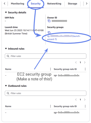 Nagivate down to the security tab and make a note of the security group ID. Then click on it.