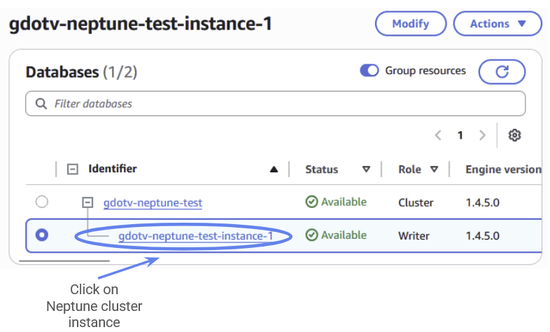 Navigate to your Neptune clusters console and click on your cluster instance.