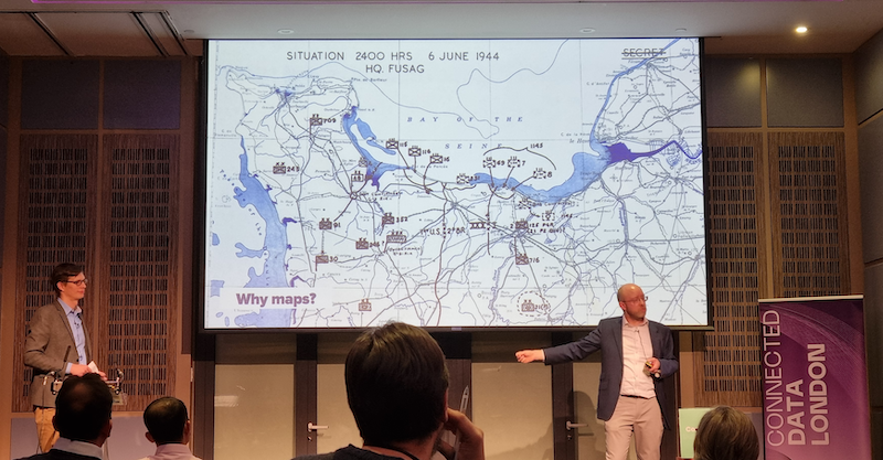 Steve Whitla and Gergely Raccuja presenting on a highway graph at Connected Data London 2025
