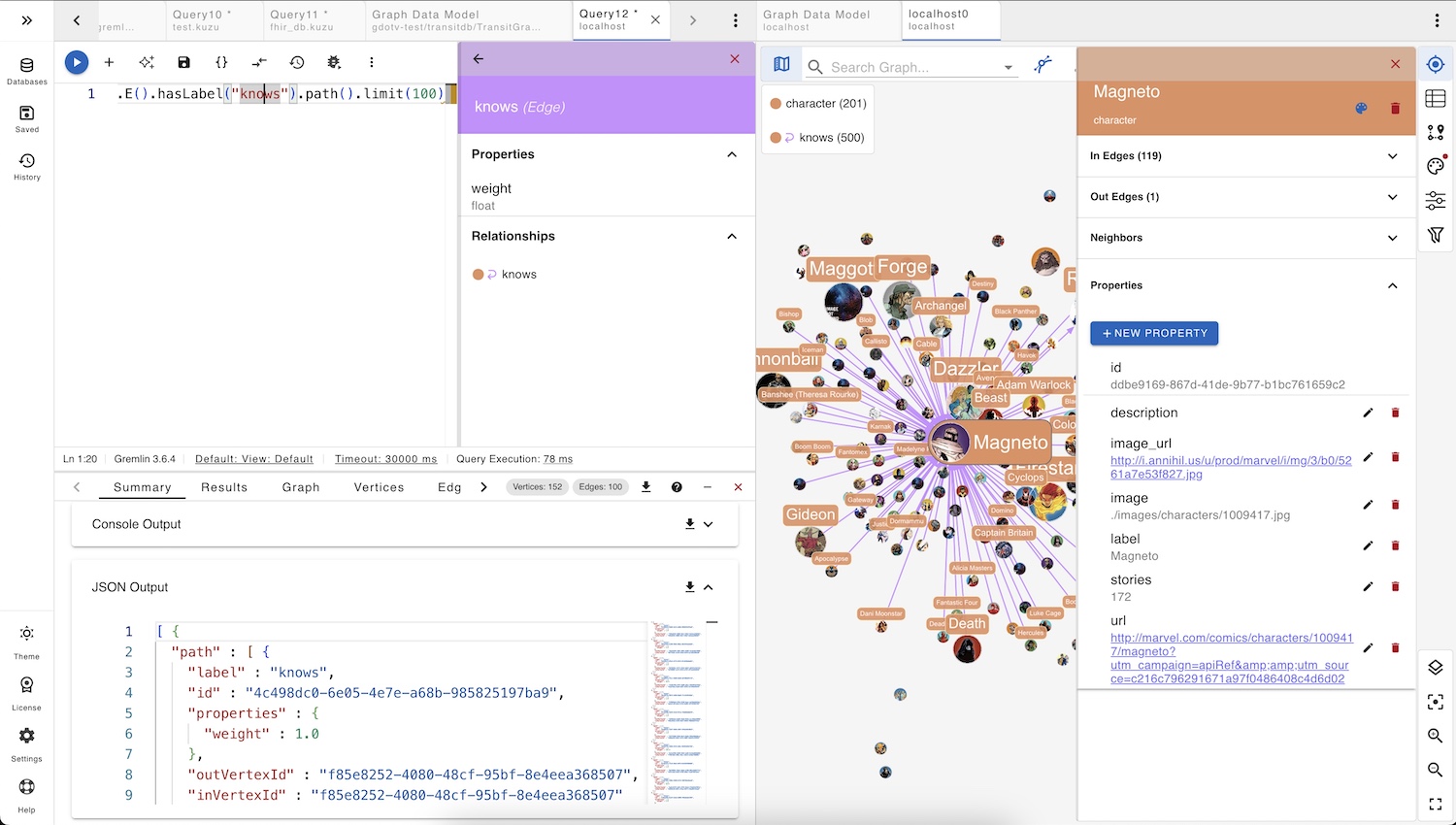 Database query results and graph editing capabilities in G.V()