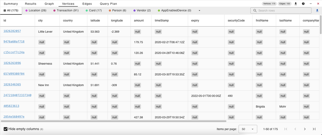 The Vertices and Edges tab in gdotv with cleaner data visualization