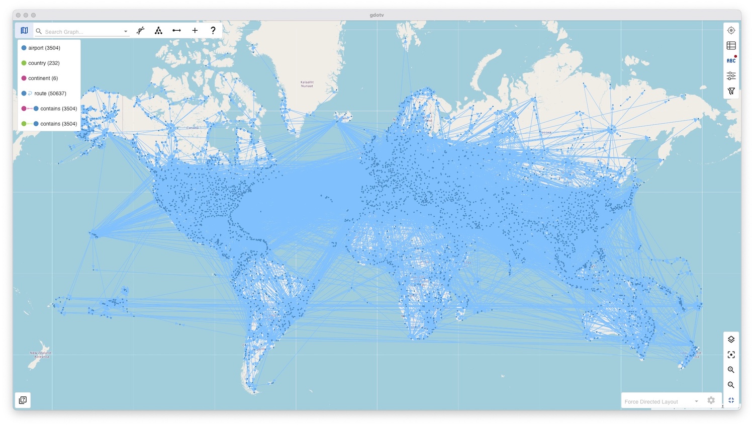 A geospatial data visualization of the Air Routes dataset in gdotv