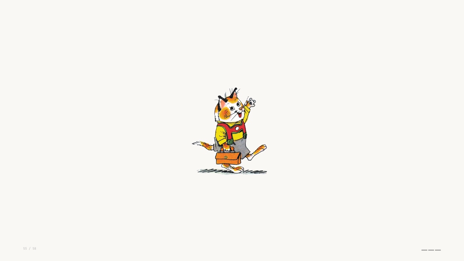 Whimsical orange-and-white cat from the world of Richard Scarry (Busytown) wearing a yellow shirt and red overalls, waving hello and carrying a briefcase.