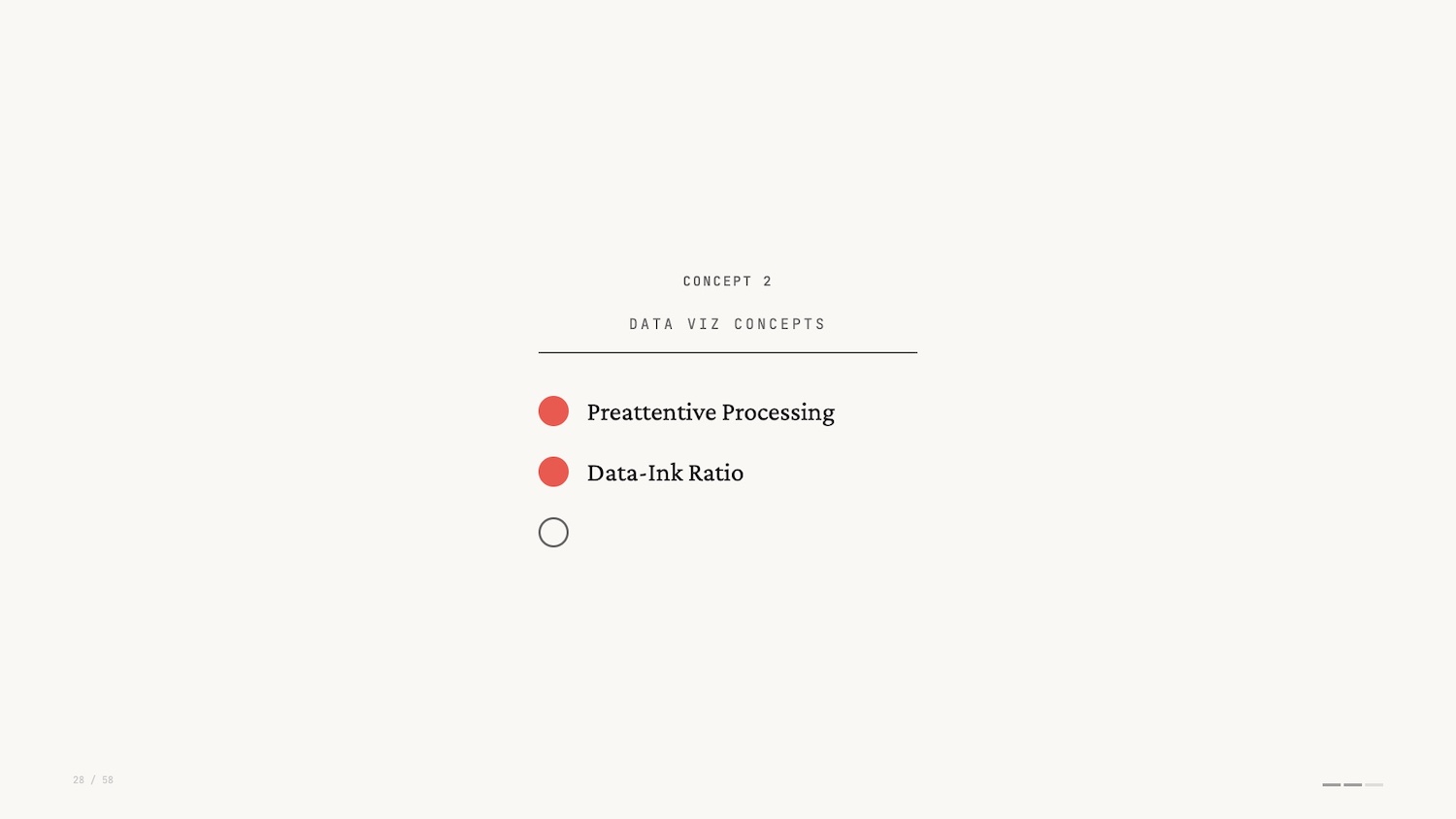 Concept 2: Data viz concepts with two red bullets beside 'Preattentive Processing' and 'Data-Ink Ratio', and a blank circle below.