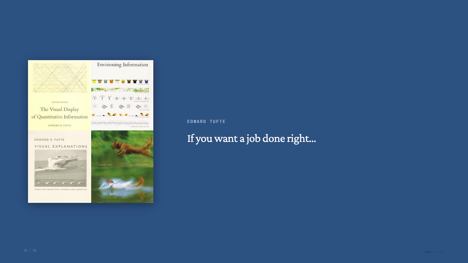 Left: book-cover collage from The Visual Display of Quantitative Information by Edward R. Tufte; right: 'If you want a job done right…' on blue background.