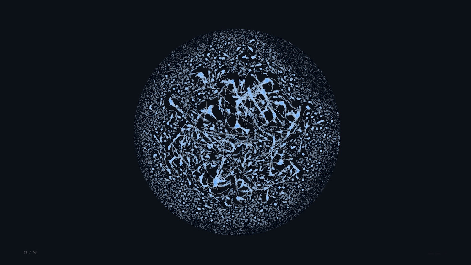 A graph visualization: Circular abstract network of blue neural fibers connected by web-like branches on a dark background.