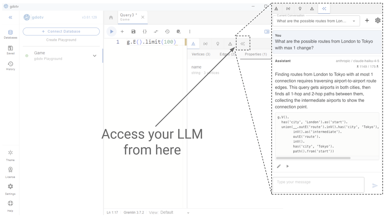 Access your LLM to write no-code queries directly within gdotv