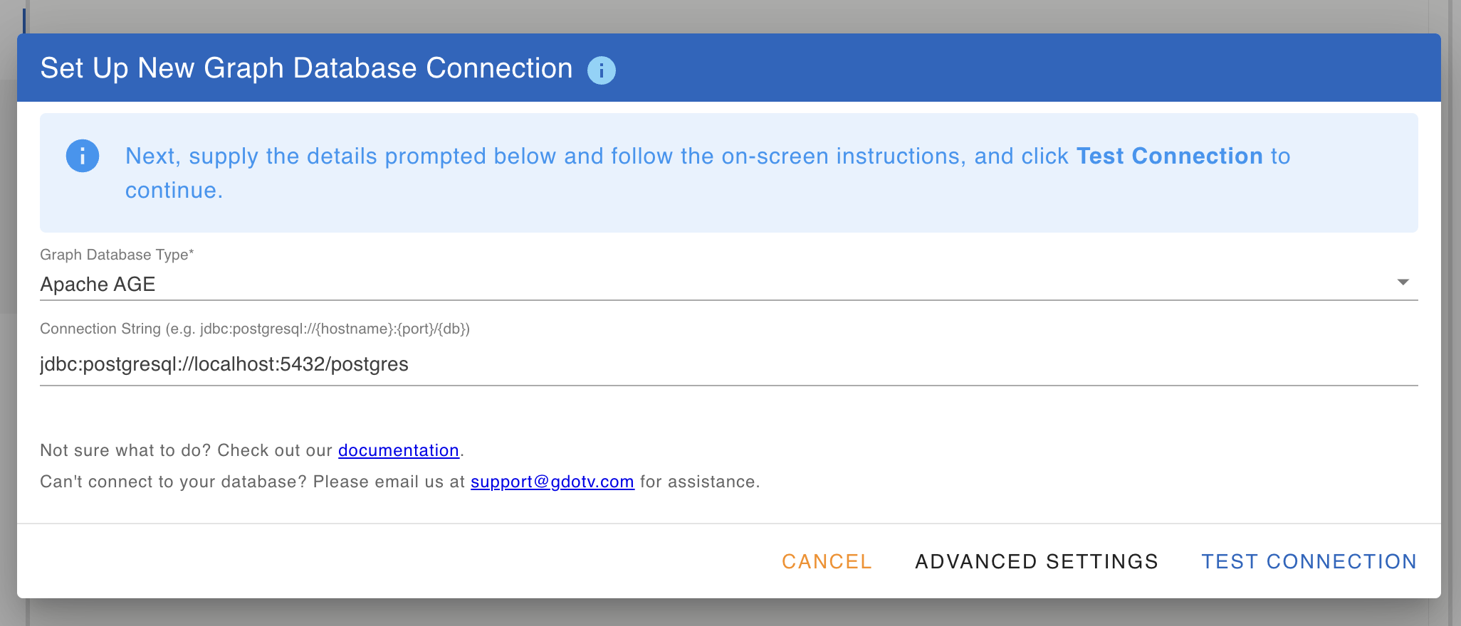 New connection dialog in gdotv with Apache AGE selected and the JDBC connection string field visible