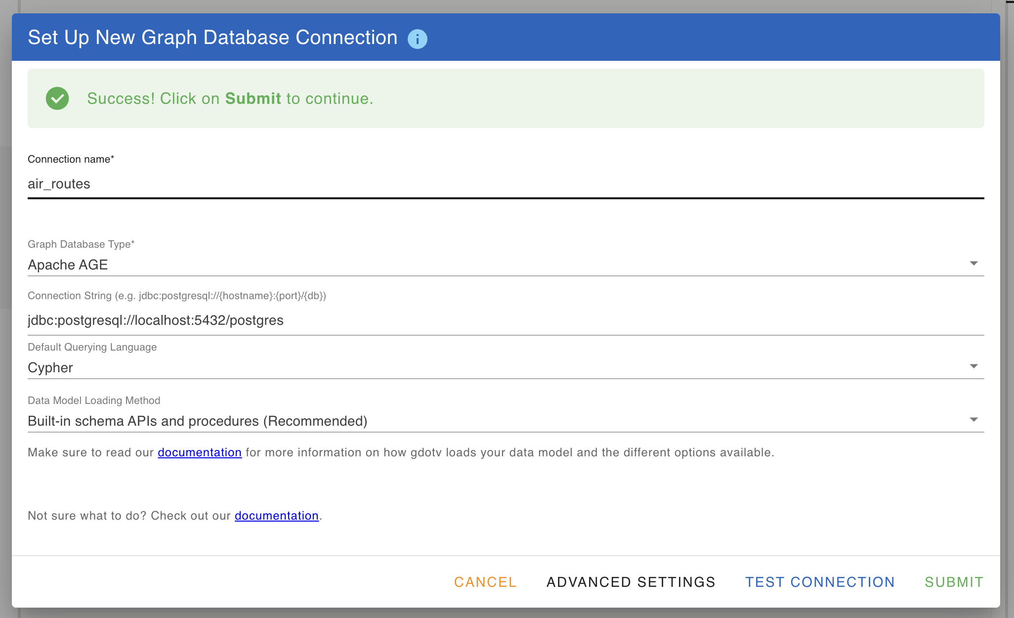 Connection detail screen after auto-detect, with the graph picker showing the air_routes graph available for selection