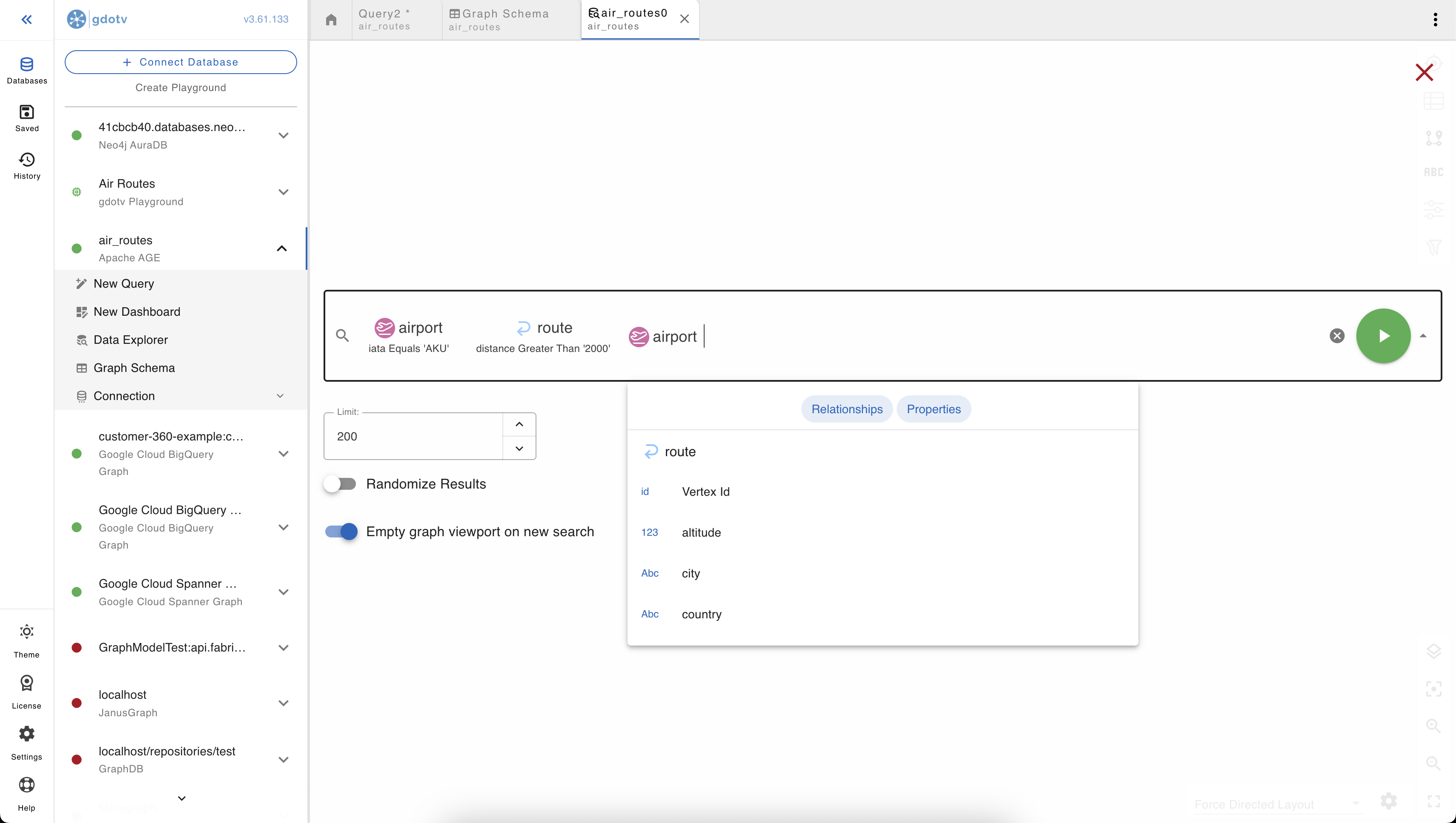 No-code graph explorer panel alongside the resulting visualization, showing the step-by-step query builder