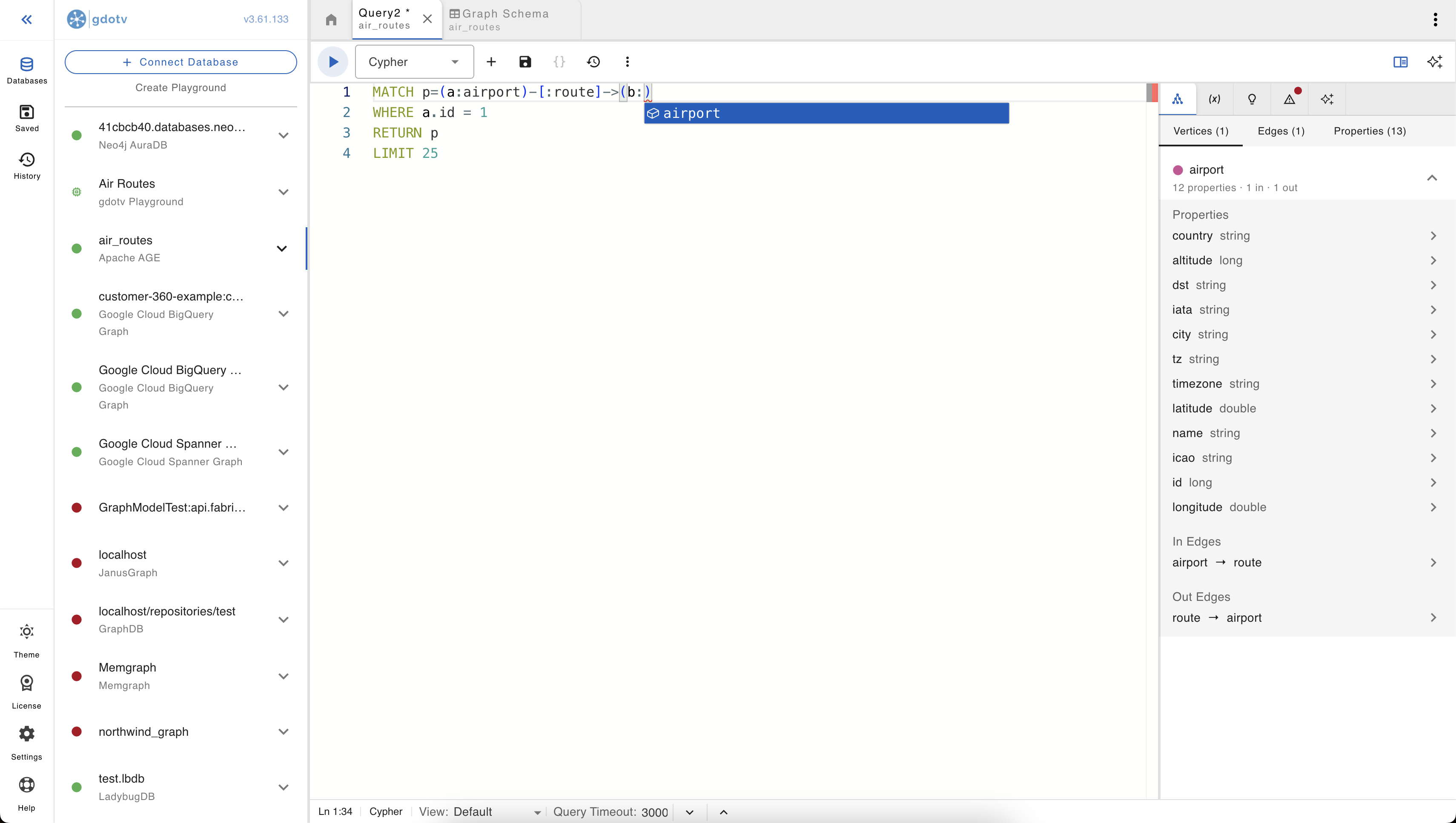 Cypher editor with a MATCH query against the airport label, and the result panel showing the matched vertex