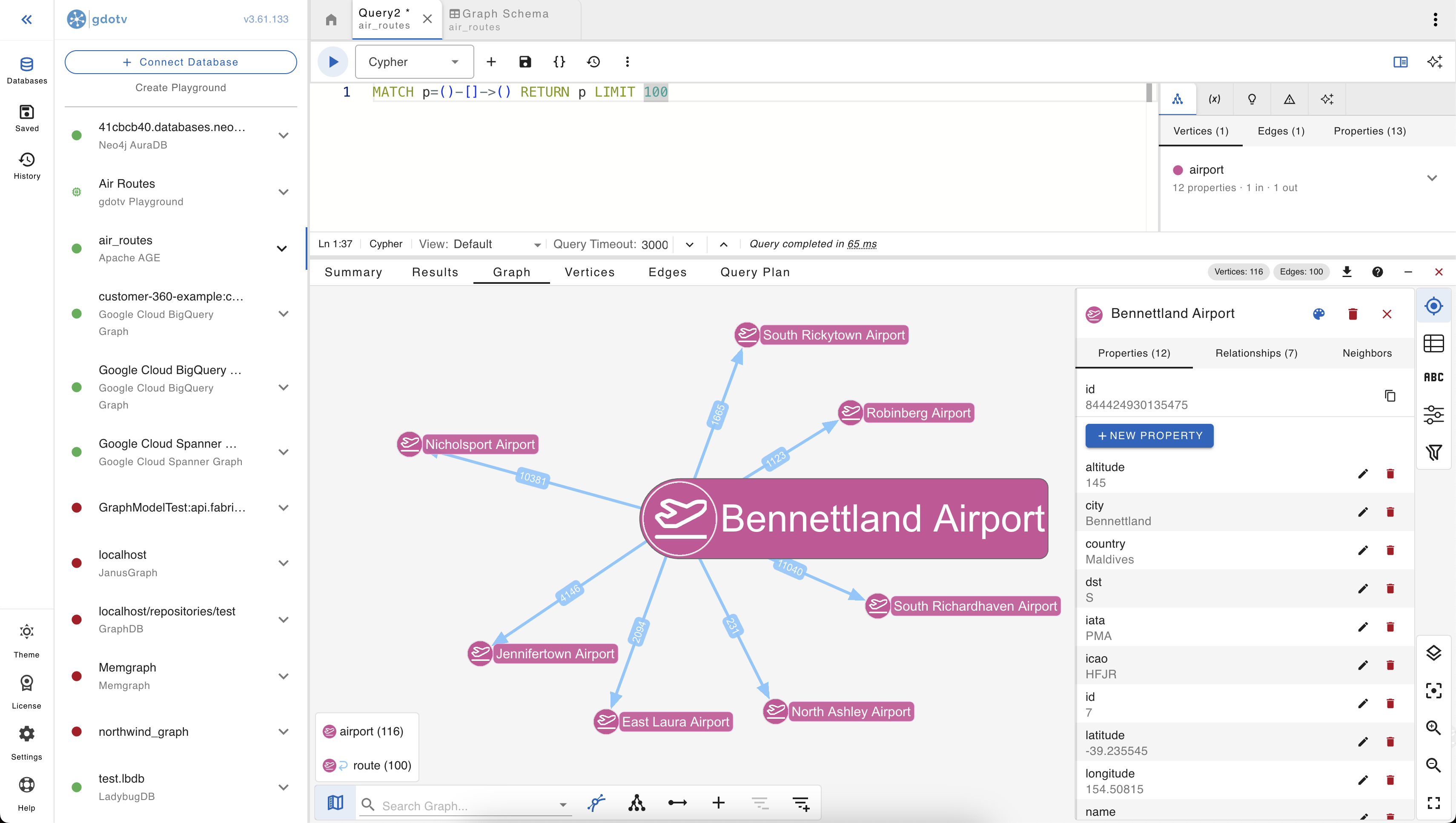 Visualization tab showing one central airport vertex connected by directional route edges to up to 25 destination airports