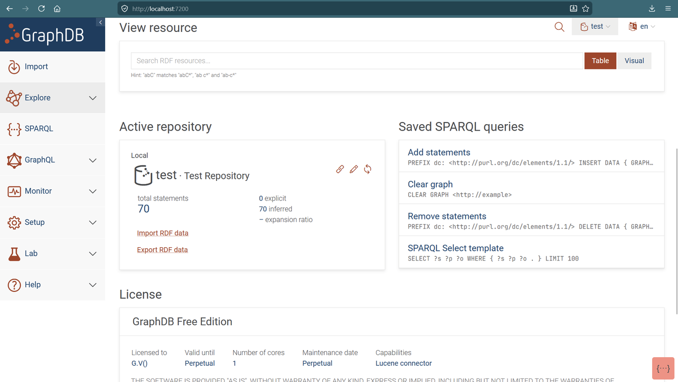 The GraphDB Workbench opens on a portal from where you can query, import, monitor or explore your data.