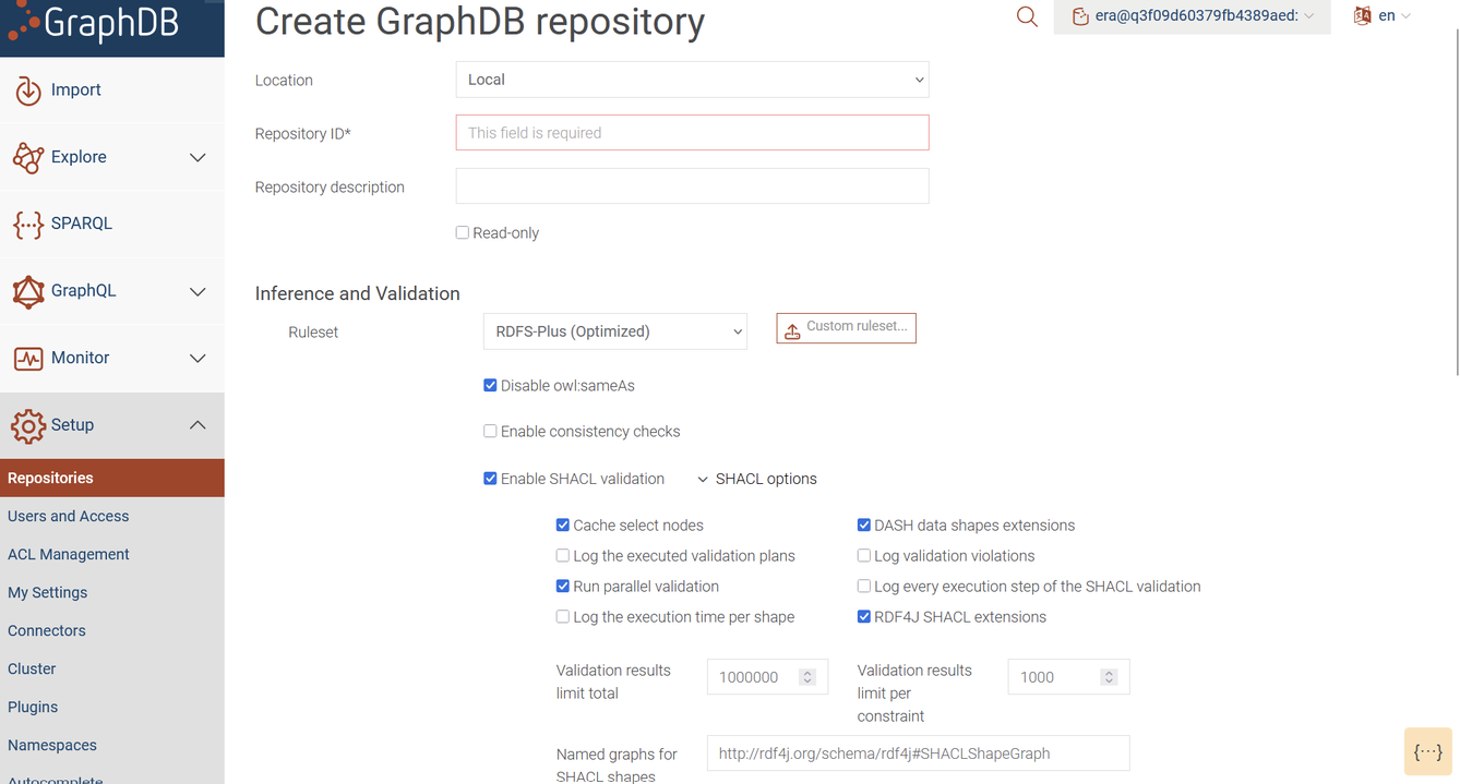 The GraphDB Workbench allows you to enable features like SHACL validation.