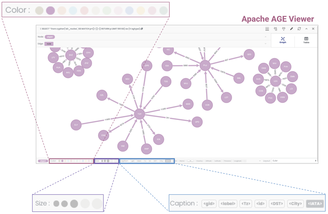 In Apache AGE Viewer, you can customize your nodes and edges by selecting from a fixed list of available options.