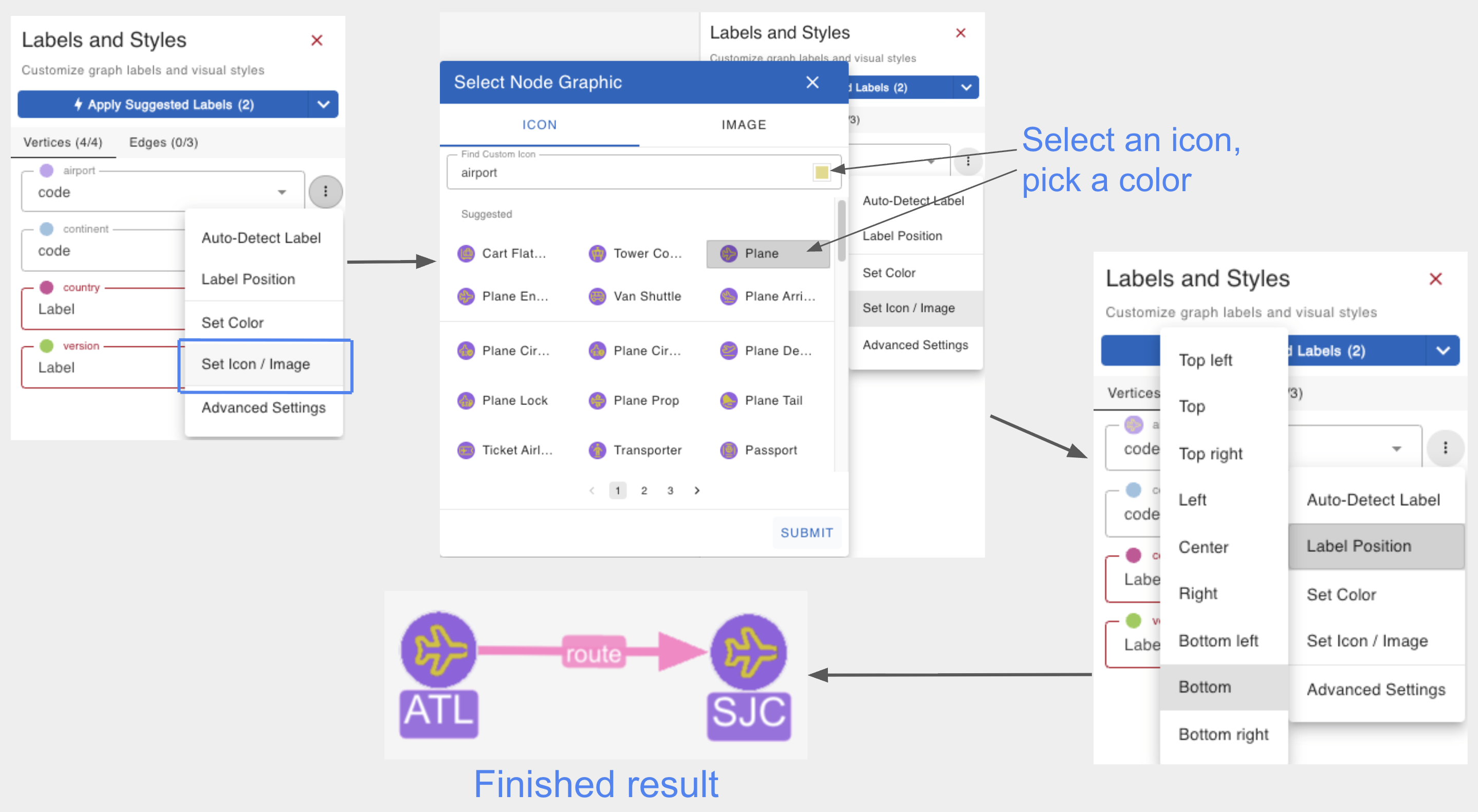 Assign a Font Awesome icon to graph nodes, pick a color, and set label position in gdotv