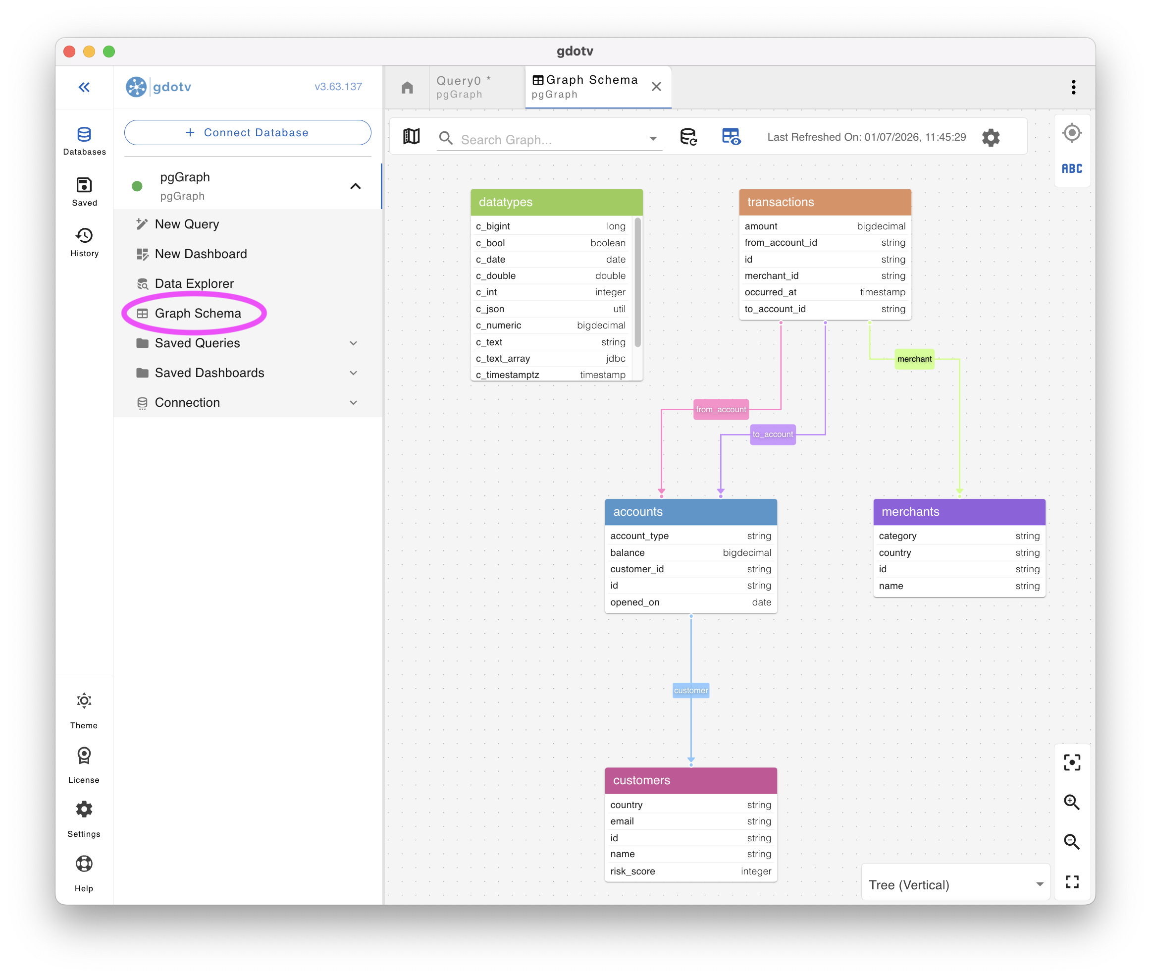 View the pgGraph graph schema as an entity-relationship data model in gdotv