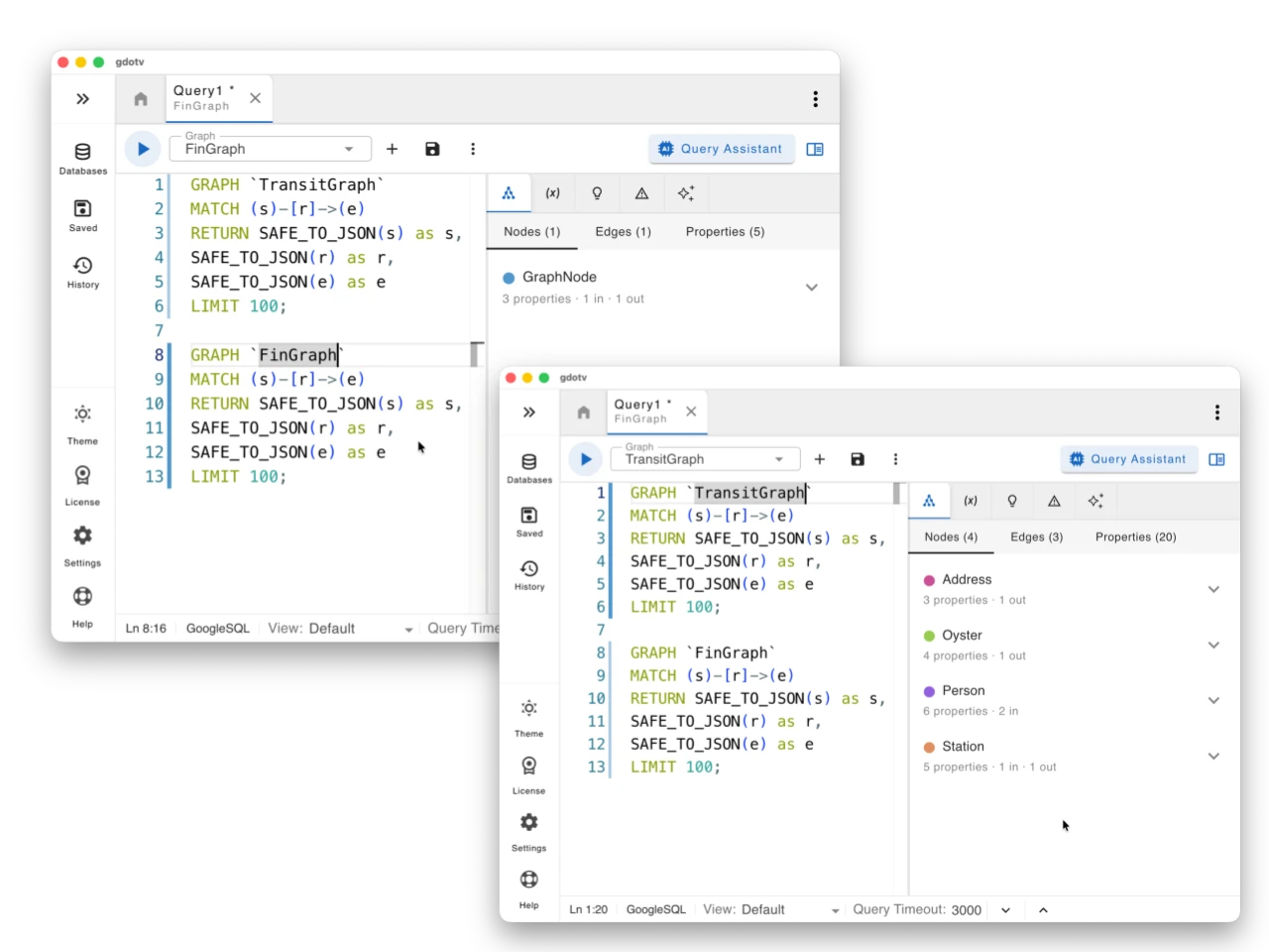 Watch the GoogleSQL GRAPH clause and the gdotv container selector stay in sync as the cursor moves