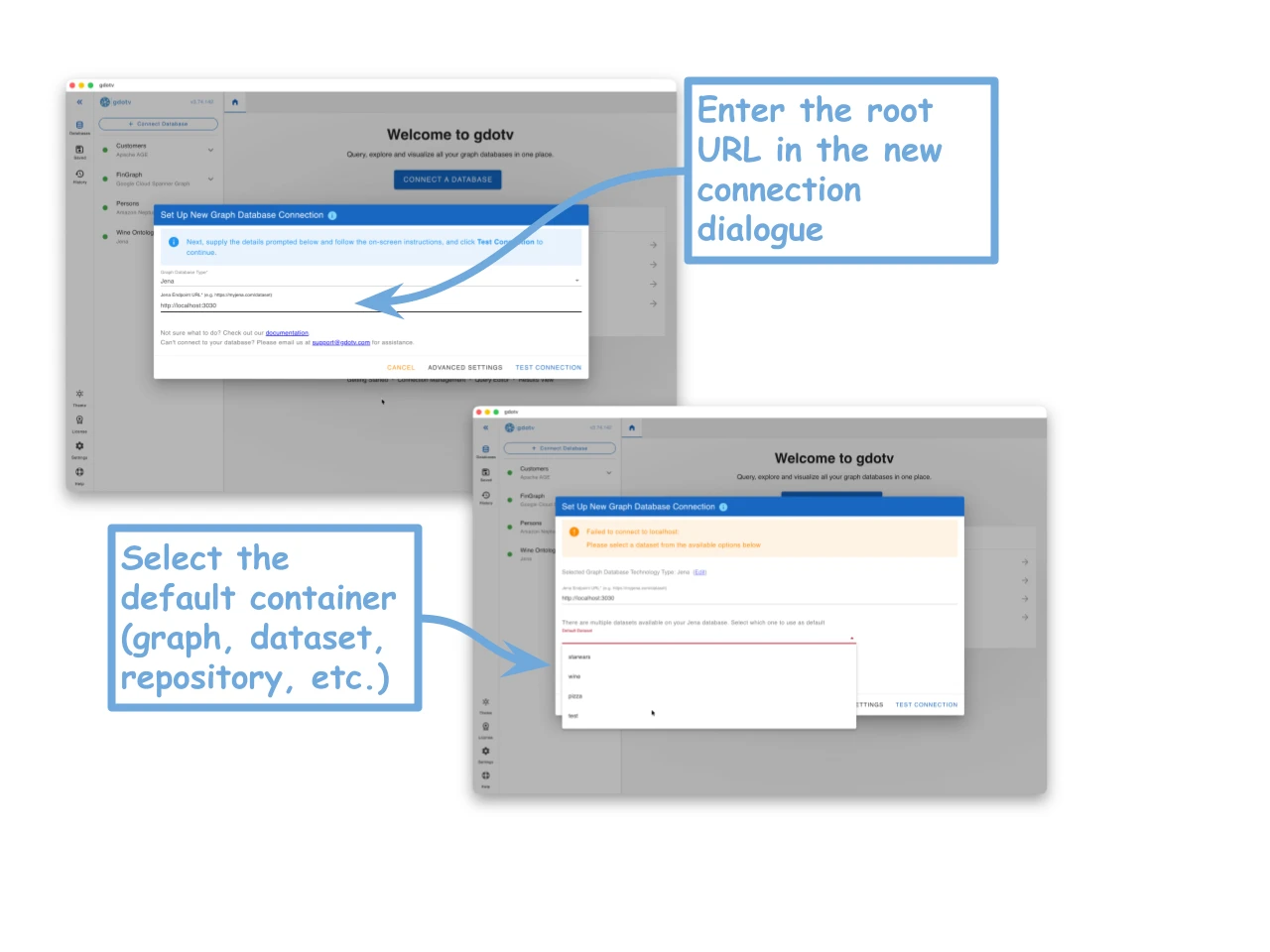 Select the default container for a multi-graph connection in the gdotv graph database dialog