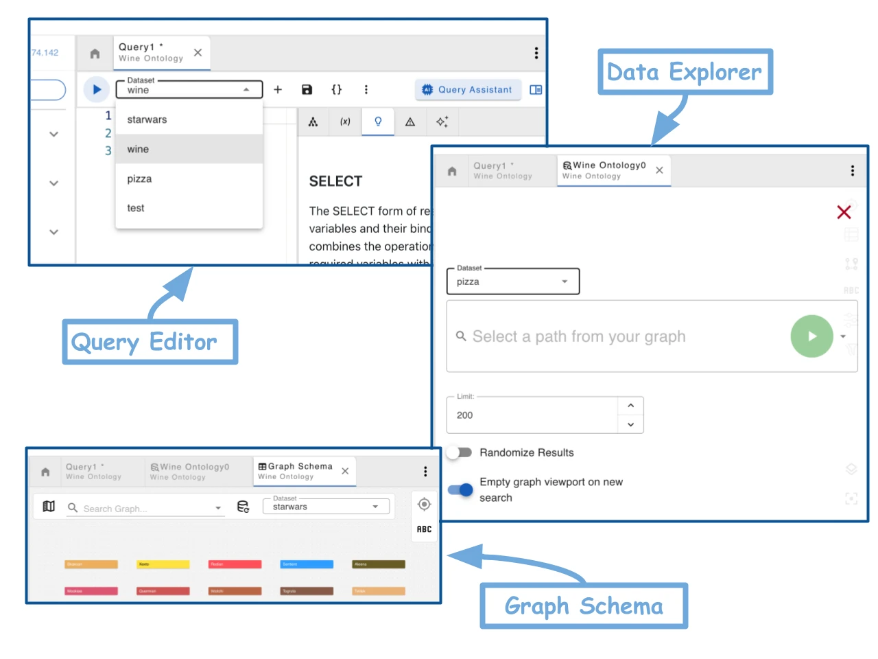 Compare independent container selectors in the gdotv query editor, data explorer and graph schema