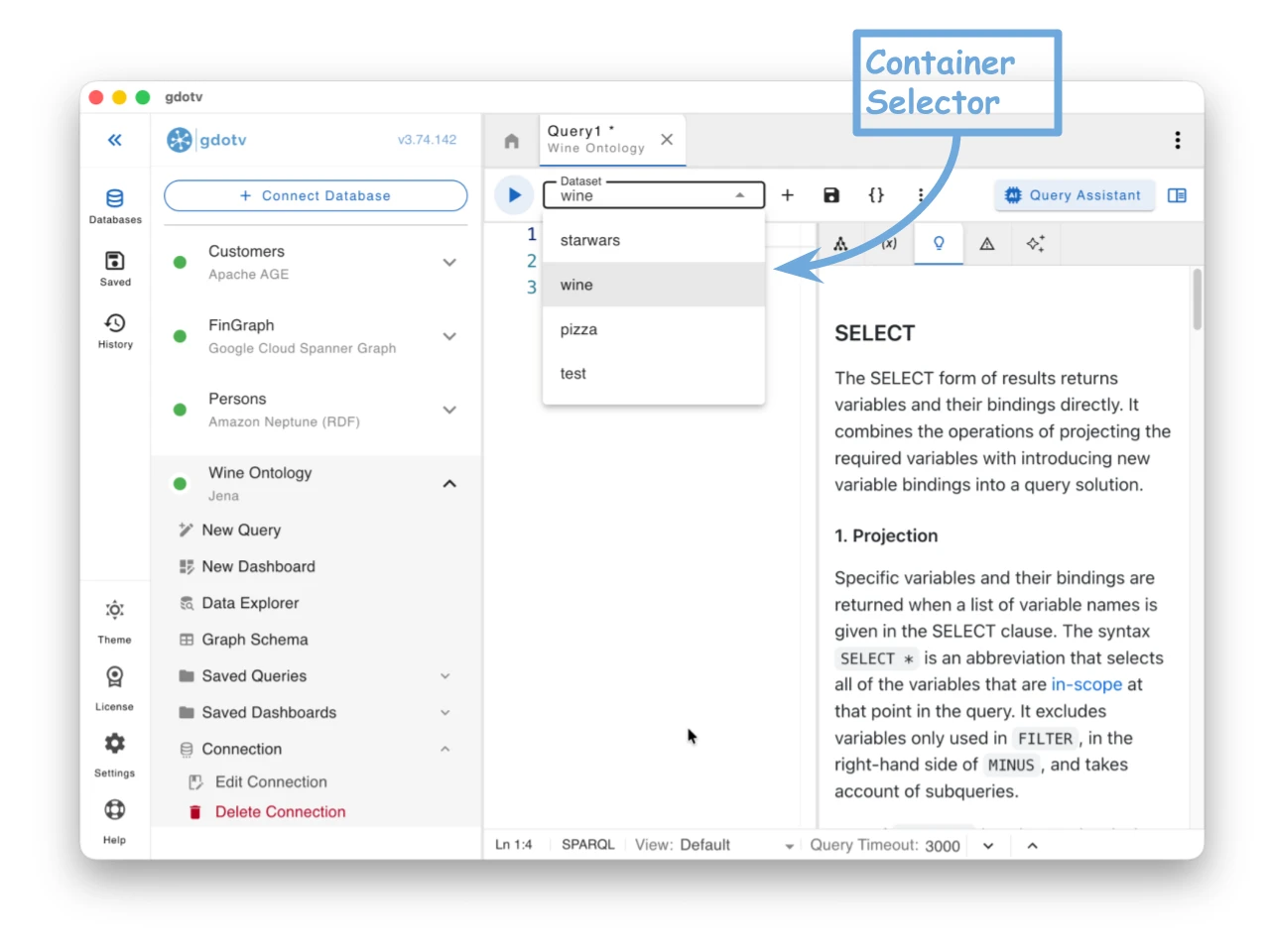 Switch datasets from the new container selector in the gdotv query editor toolbar for RDF graphs